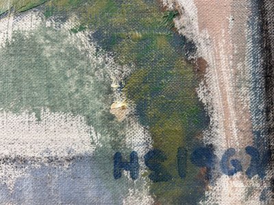 Kubistisk oliemaleri af Hanne Schou 1967 i smukke farver og gylden ramme