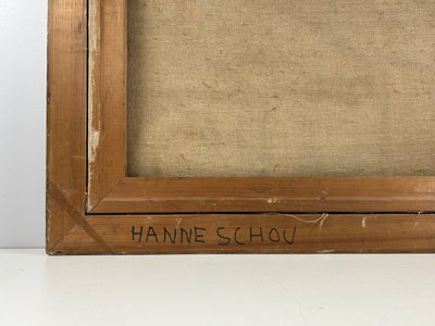Kubistisk oliemaleri af Hanne Schou 1967 i smukke farver og gylden ramme