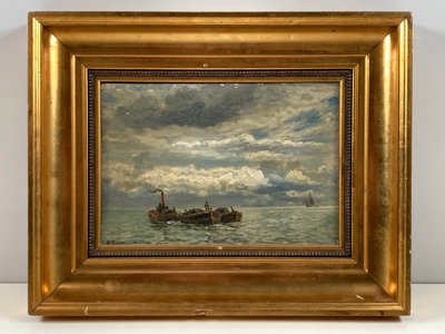 Maleri af Holger Lübbers 1850 1930 hav og både olie på lærred i guld ramme
