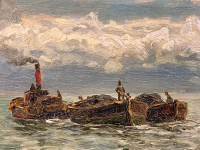 Maleri af Holger Lübbers 1850 1930 hav og både olie på lærred i guld ramme