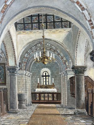 Maleri af kirke Frands Frandsen i gylden ramme.