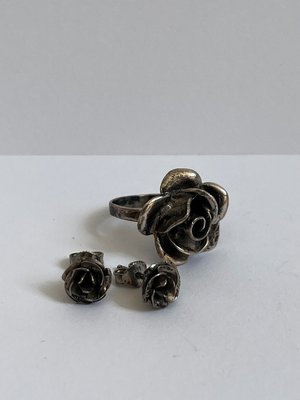 Vintage Sølv smykkesæt med roser ring og øreringe