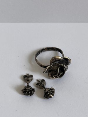 Vintage Sølv smykkesæt med roser ring og øreringe