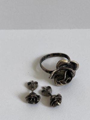 Vintage Sølv smykkesæt med roser ring og øreringe