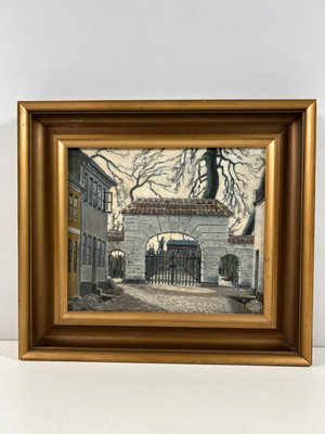 Maleri af Fr. Frandsen stræde i Roskilde by fra 1930 i smuk guld ramme.