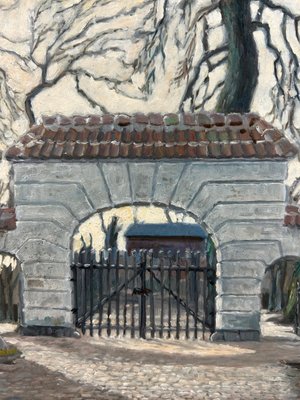 Maleri af Fr. Frandsen stræde i Roskilde by fra 1930 i smuk guld ramme.