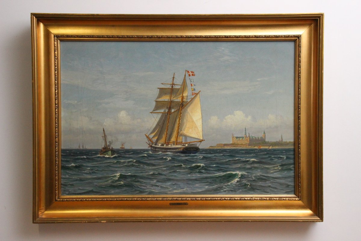 Vilhelm Arnesen Maritimt oliemaleri fra 1932 med Kronborg Slot