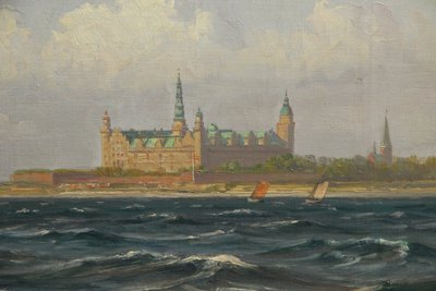 Vilhelm Arnesen Maritimt oliemaleri fra 1932 med Kronborg Slot