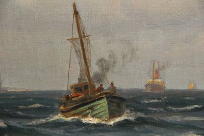 Vilhelm Arnesen Maritimt oliemaleri fra 1932 med Kronborg Slot