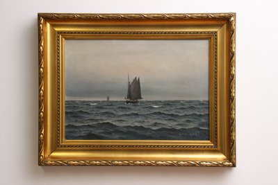 Klassisk marinemaleri med sejlskib af Em. A.P.
