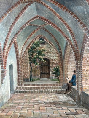 Maleri af Kirke i smuk guld ramme